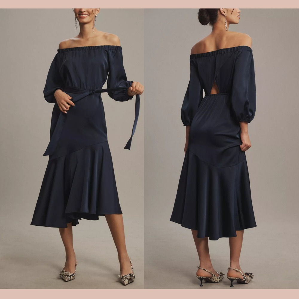 NWT $450 Sachin & Babi [ 6 ] Off Shoulder Long-Sleeve‎ Maxi Kai Dress Blue